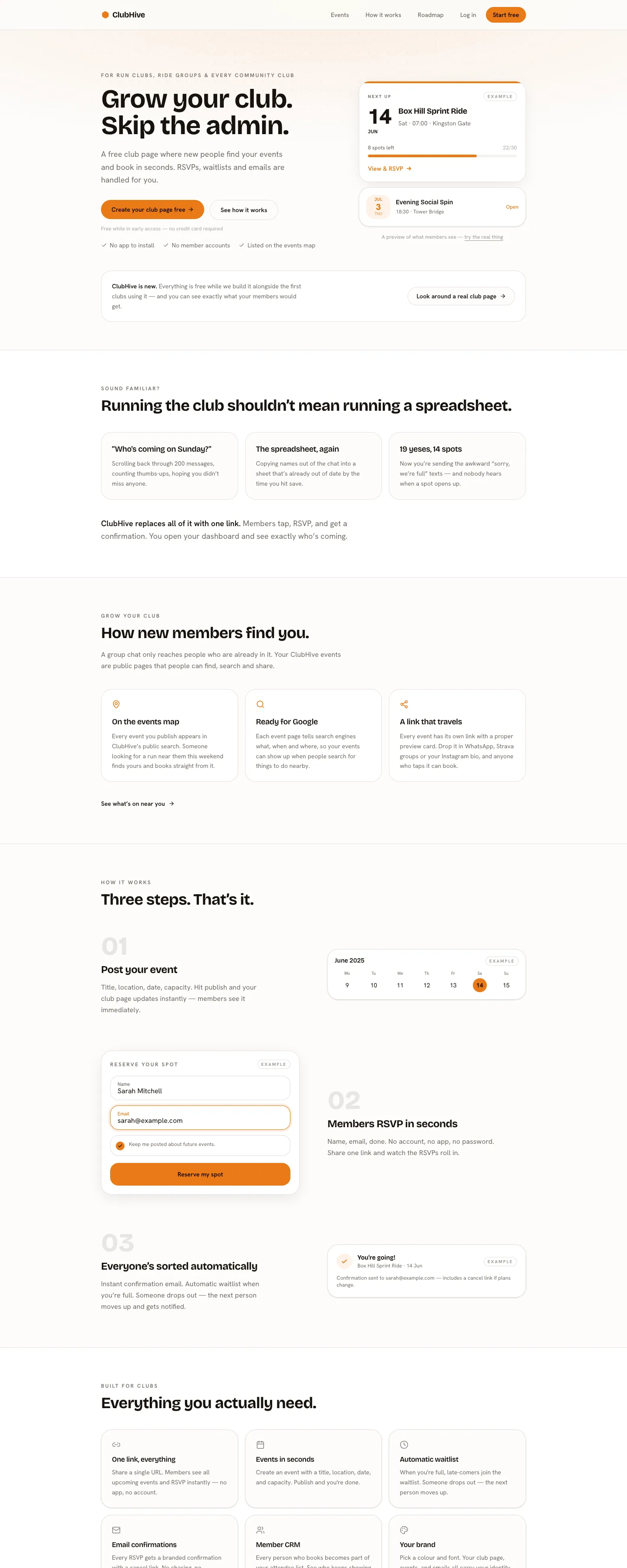 The ClubHive homepage